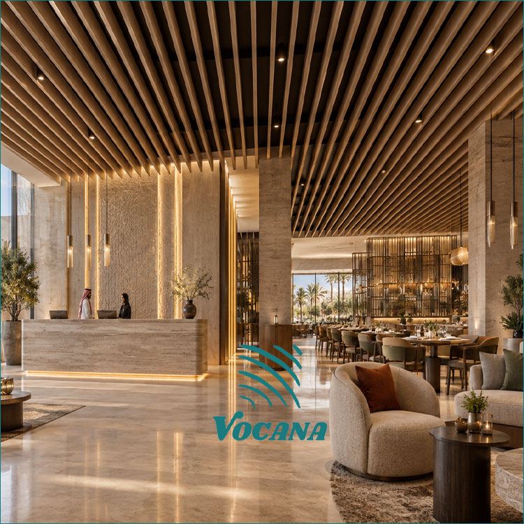 product-1-1 Suspended WPC baffle ceiling in a Saudi hotel lobby interior