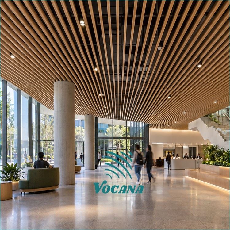 product-1-1 Linear WPC baffle ceiling used in a commercial lobby